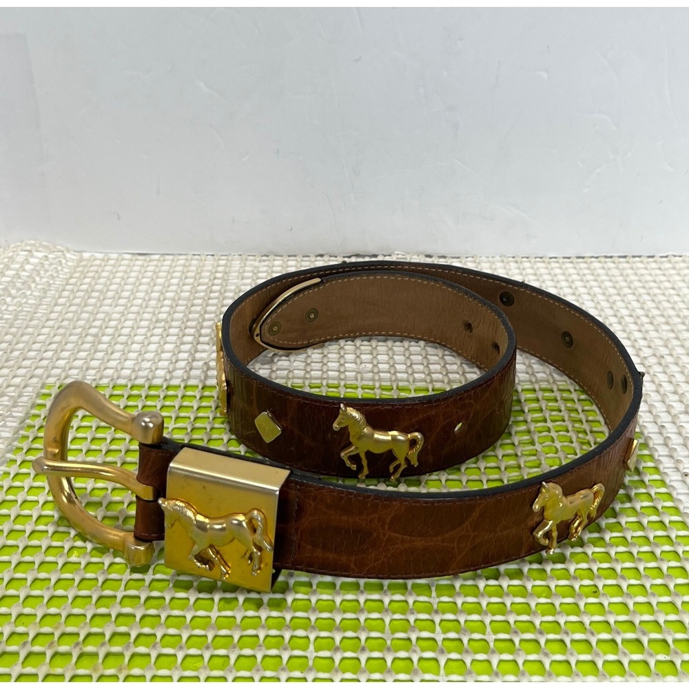 Vintage Streets Ahead Leather Buckled Belt Gold Horse Charms Women Brown 50340